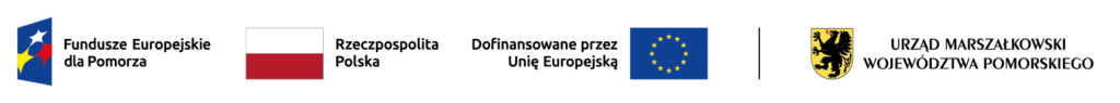 Od lewej Logo Fundusze Europejskie dla Pomorza, Flaga Rzeczpospolita Polska, Flaga Unii Europejskiej z informacją o dofinansowaniu oraz godło Urzędu Marszałkowskiego Województwa Pomorskiego