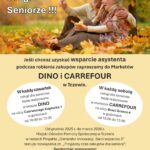 Plakat zawierający logotypy oraz zdjęcie pary seniorów w jesiennym parku. Pod zdjęciem informacja o możliwości uzyskania wsparcia podczas robinia zakupów w sklepach DINO i CARREFOUR.